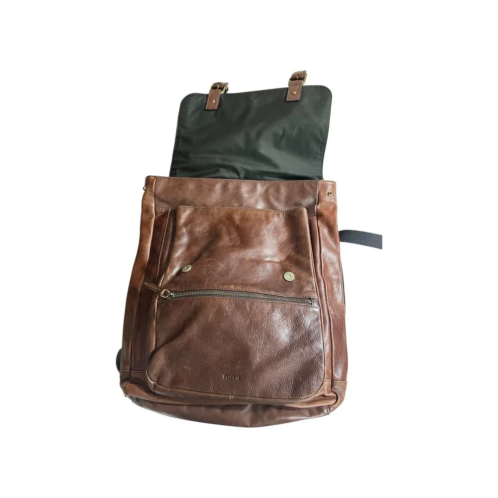 Fossil Brown Leather Backpack Buckle Flap Laptop Work Travel Bag